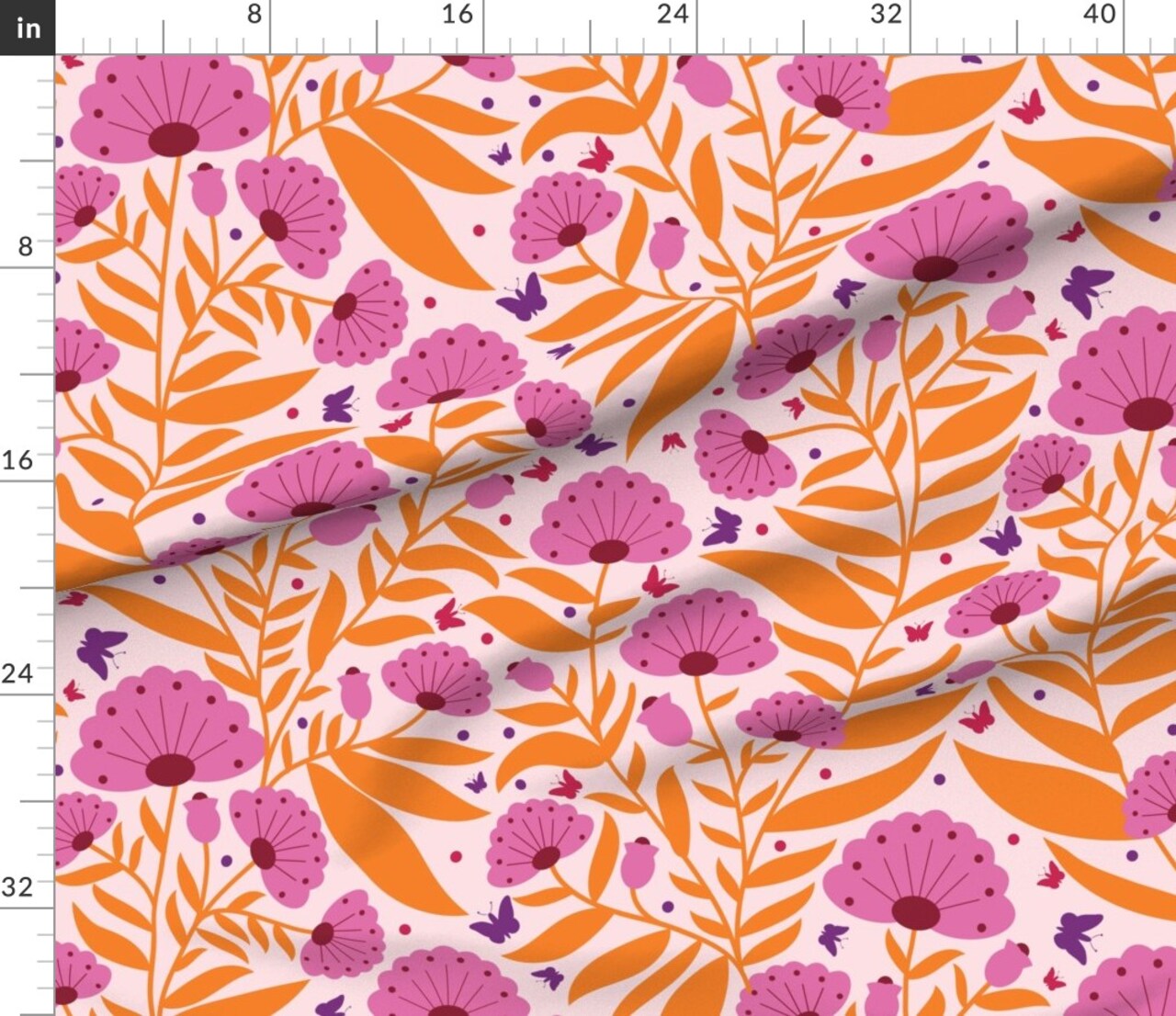 Bright Flowers Pink Butterfly Summer Vibrant Orange Large Scale Colorful Botanical Custom Printed Fabric by Spoonflower Various Fabrics by the Yard or Fat Quarter